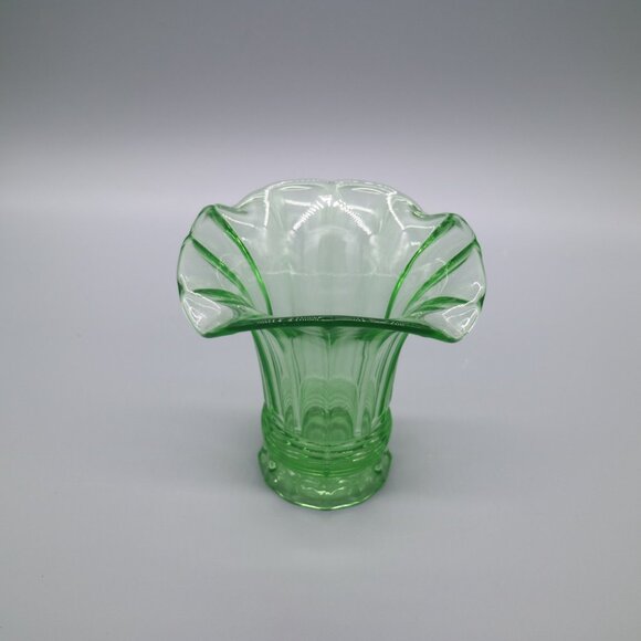 Vintage Green Uranium Glass 5" Vase | Flared Shape w/ Scalloped Edge - Picture 3 of 8